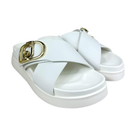 LIU JO YOU 754 Sandali Ciabatta Donna con Fascia Incrociata a Strappo con Accessorio White