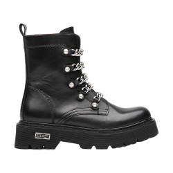 CULT 4538 SLASH Anfibi Donna Mid Leather Stringati Con Zip Laterale E Catene Nero