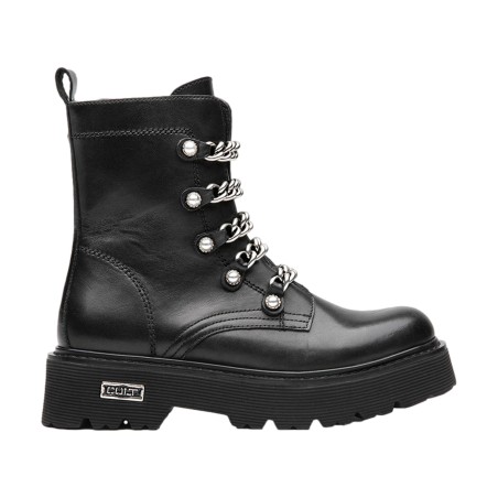 CULT 4538 SLASH Anfibi Donna Mid Leather Stringati Con Zip Laterale E Catene Nero