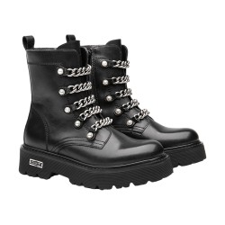 CULT 4538 SLASH Anfibi Donna Mid Leather Stringati Con Zip Laterale E Catene Nero 2