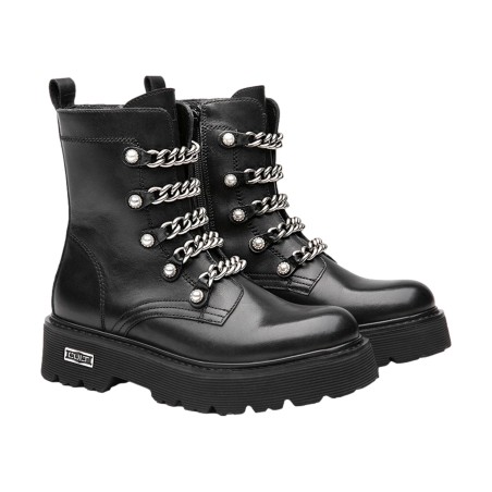 CULT 4538 SLASH Anfibi Donna Mid Leather Stringati Con Zip Laterale E Catene Nero