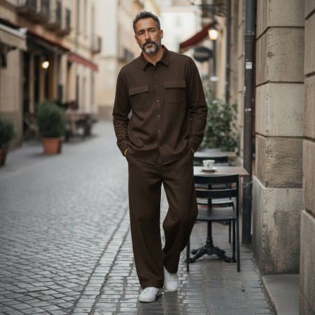 GC LUXURY TOKYO Completo Casual Camicione Con Bottoni e Pantalone Uomo Marrone