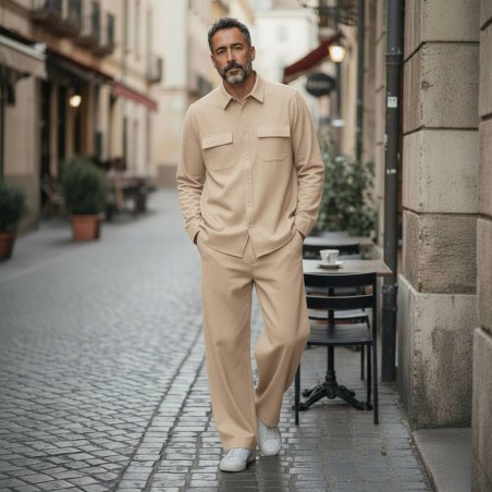 GC LUXURY TOKYO Completo Casual Camicione Con Bottoni e Pantalone Uomo Beige