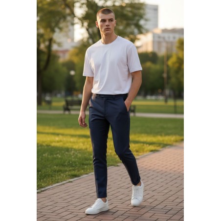 GC LUXURY MILANO Pantalone Sartoriale Uomo Tasca America Slim Fit Tessuto Punto Milano Blu