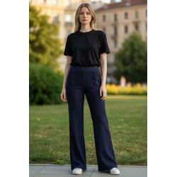 EMANUELA COSTA 35822-26 Pantalone Donna In Velluto Vita Alta a Palazzo Con Bottoni Laterali Blu 2