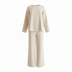 DOPPIO SENSO 5477 Completo Donna Casacca Girocollo + Pantalone a Palazzo Beige