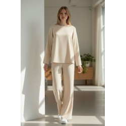 DOPPIO SENSO 5477 Completo Donna Casacca Girocollo + Pantalone a Palazzo Beige 2