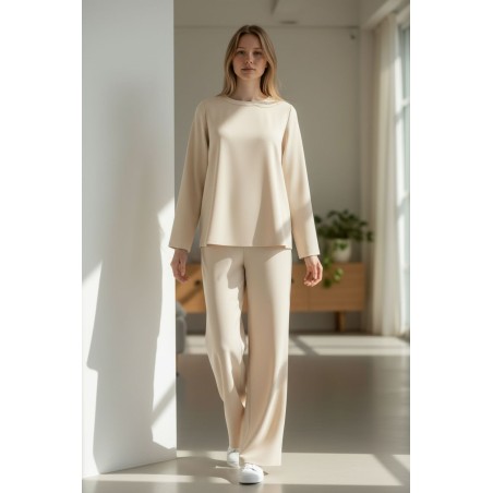 DOPPIO SENSO 5477 Completo Donna Casacca Girocollo + Pantalone a Palazzo Beige