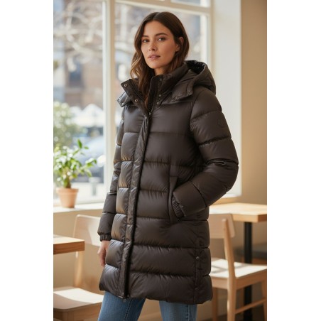 LINDA'S FW9105 Piumino Lungo Donna Con Cappuccio Nero 