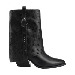 QUEEN HELENA X34 63 Stivaletti Biker Texani Traforati Donna Tacco Basso Con Fibbia Nero