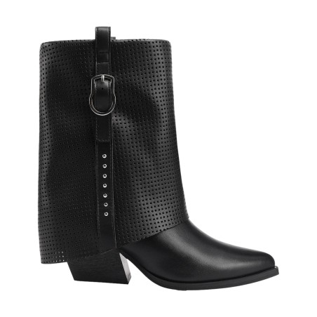 QUEEN HELENA X34 63 Stivaletti Biker Texani Traforati Donna Tacco Basso Con Fibbia Nero