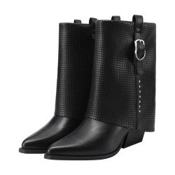 QUEEN HELENA X34 63 Stivaletti Biker Texani Traforati Donna Tacco Basso Con Fibbia Nero 2