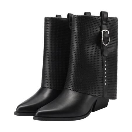 QUEEN HELENA X34 63 Stivaletti Biker Texani Traforati Donna Tacco Basso Con Fibbia Nero