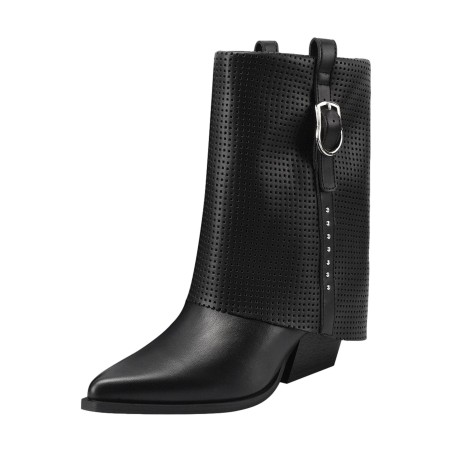 QUEEN HELENA X34 63 Stivaletti Biker Texani Traforati Donna Tacco Basso Con Fibbia Nero