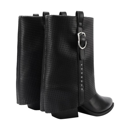 QUEEN HELENA X34 63 Stivaletti Biker Texani Traforati Donna Tacco Basso Con Fibbia Nero