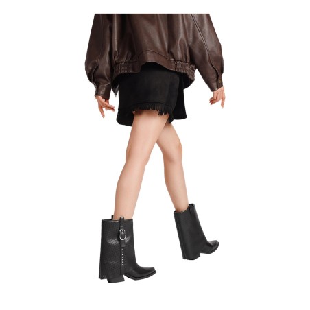 QUEEN HELENA X34 63 Stivaletti Biker Texani Traforati Donna Tacco Basso Con Fibbia Nero