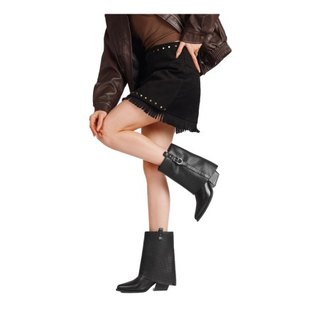 QUEEN HELENA X34 63 Stivaletti Biker Texani Traforati Donna Tacco Basso Con Fibbia Nero