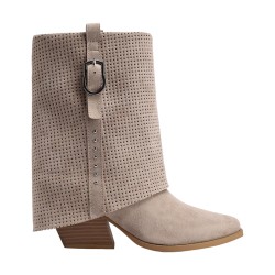 QUEEN HELENA X34 63 Stivaletti Biker Texani Traforati Donna Tacco Basso Con Fibbia Kahki