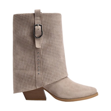 QUEEN HELENA X34 63 Stivaletti Biker Texani Traforati Donna Tacco Basso Con Fibbia Kahki