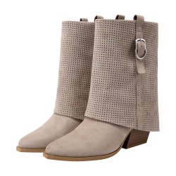 QUEEN HELENA X34 63 Stivaletti Biker Texani Traforati Donna Tacco Basso Con Fibbia Kahki 2