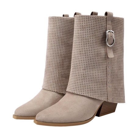 QUEEN HELENA X34 63 Stivaletti Biker Texani Traforati Donna Tacco Basso Con Fibbia Kahki