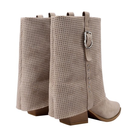 QUEEN HELENA X34 63 Stivaletti Biker Texani Traforati Donna Tacco Basso Con Fibbia Kahki