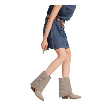 QUEEN HELENA X34 63 Stivaletti Biker Texani Traforati Donna Tacco Basso Con Fibbia Kahki