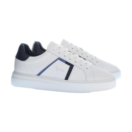 Harmont&Blain 021 AD0 Sneakers Uomo Stringate In Vera Pelle Bianco Blu