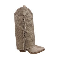 Cri Chic 3602 3 Scarpe Donna Stivale Camperos con Frange Tacco Alto Traforato Tortora