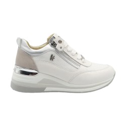 KEYS K-11810 Sneakers Donna Stringate con Zip Laterali Bianco/Argento