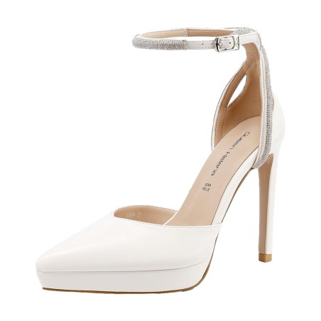 Queen Helena K4544 Scarpe Donna Dècolletè Con Cinturino alla Caviglia Strass Tacco Alto Bianco