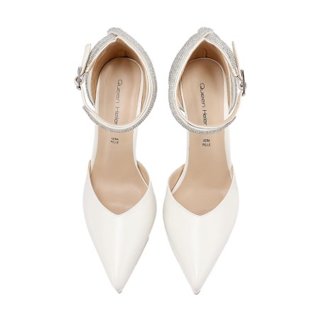 Queen Helena K4544 Scarpe Donna Dècolletè Con Cinturino alla Caviglia Strass Tacco Alto Bianco
