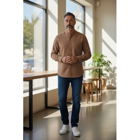 Urban Ring UR1130002 Camicia Uomo Misto Lino Collo Coreana con Tasca Laterale Tabacco