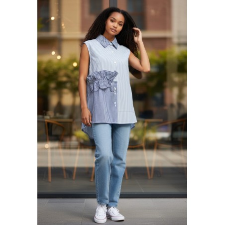 GC Wear  3118 My Star Camicia Donna Smanicata in Cotone Fantasia Azzurro