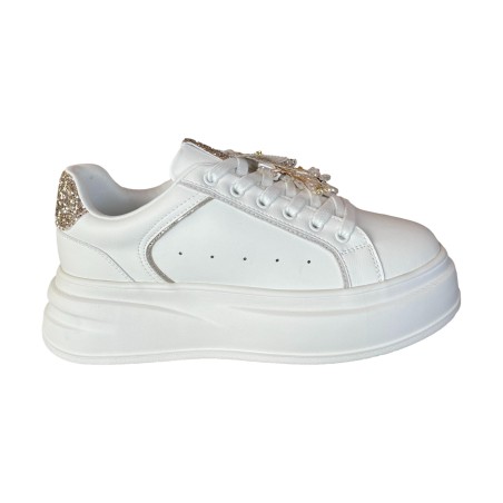 Gold & Gold GB1057 Sneakers Donna Stringate con Accessorio Bianco/ Oro