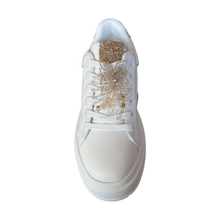 Gold & Gold GB1057 Sneakers Donna Stringate con Accessorio Bianco/ Oro