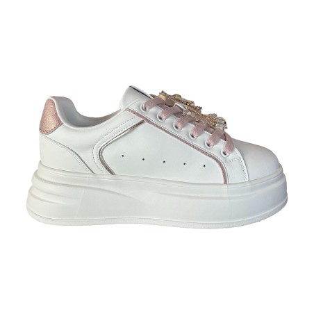 Gold & Gold GB1057 Sneakers Donna Stringate con Accessorio Bianco/Rosa