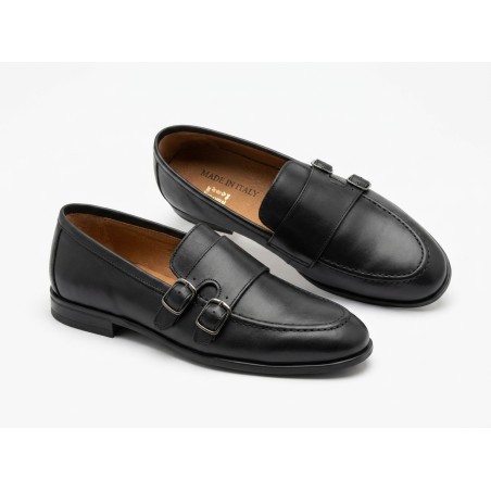 Made In Italy 12 Mocassino Uomo con Doppia Fibbia In Vera Pelle Nero