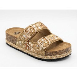 Gold & Gold FY07 Sandali Ciabatta Donna Doppia Fascia Platform con Accessori Oro
