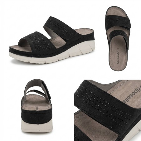 Riposella FRIDA E WC01BX Ciabatta Donna con Doppia Fascia Regolabile Strass Black