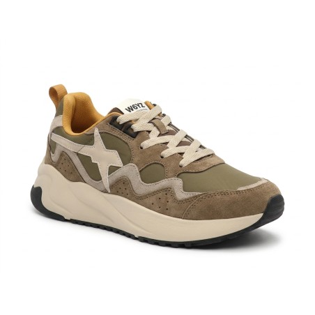 W6YZ 1F31 FLIK-M Sneakers Uomo Stringate In Vera Camoscio Green Beige White