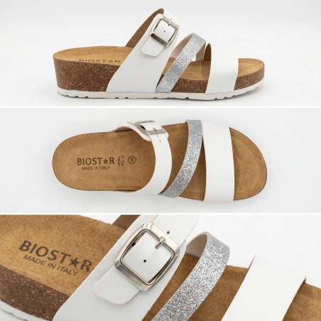 Biostar 17 281 Ciabatte Donna Con Fascia Regolabile Bianco Argento