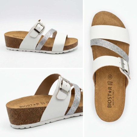 Biostar 17 281 Ciabatte Donna Con Fascia Regolabile Bianco Argento