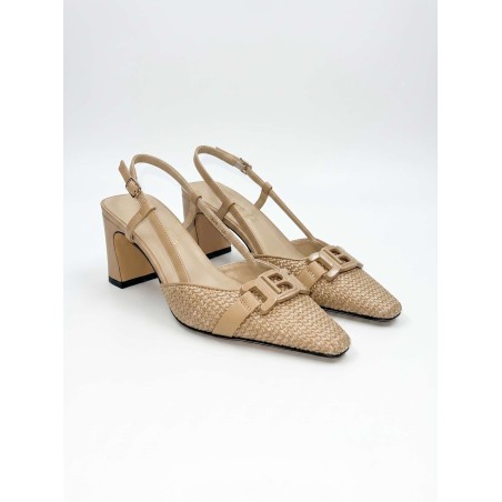 Laura Biagiotti 9678 Scarpe Donna Decollete Slingback Rafia Tacco Medio Beige