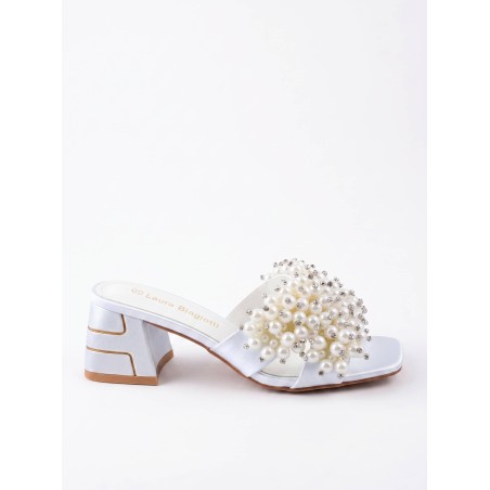 Laura Biagiotti 9738 Scarpe Donna Sandalo Ciabattina Gioiello Tacco Medio White Pearl