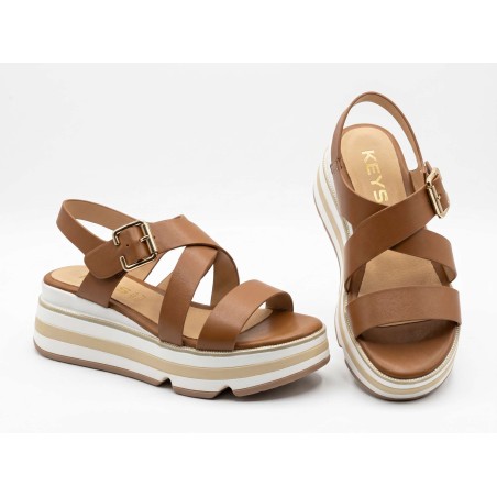 KEYS K12134 Sandali Donna Con Zeppa Alta Cuoio