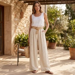 CHIKA GIRL P31810 Pantalone Donna In Pizzo San Gallo Con Cintura Beige 2