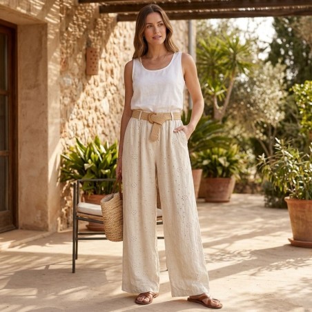 CHIKA GIRL P31810 Pantalone Donna In Pizzo San Gallo Con Cintura Beige