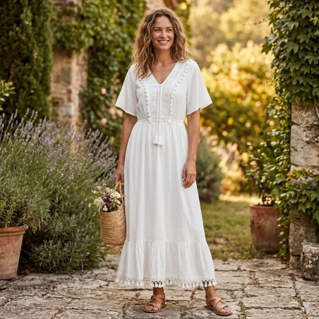 LINDA'S C588 Abito Donna Mezza Manica Lungo Bianco 