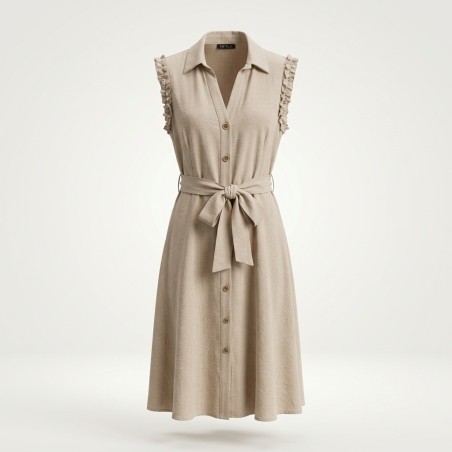 NEYLA 5754 Abito Donna Lungo Con Cintura Beige